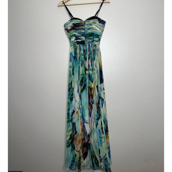 La Femme Strapless Watercolor Formal Gown Dress Green Blue Multicolor Size 0 - Picture 8 of 8